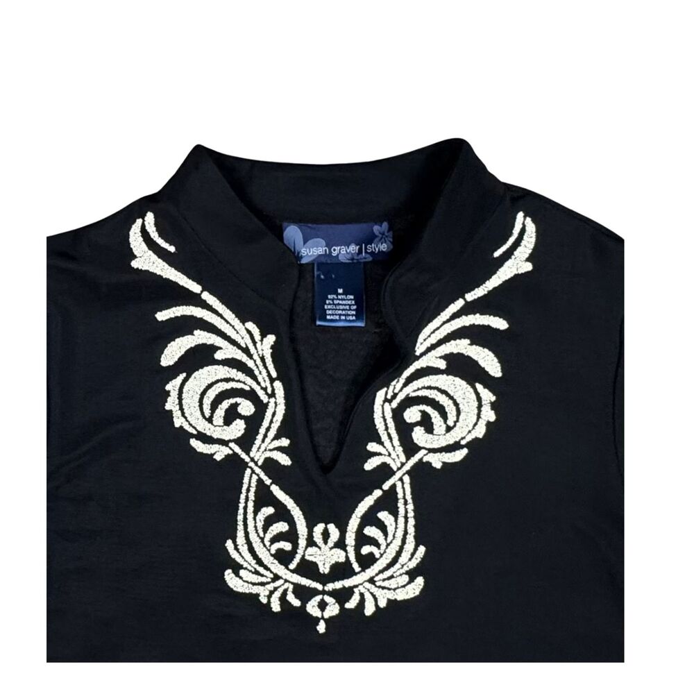 Susan Graver Blouse Womens Embellished Nylon Medium Black Boho Classic Goth USA - Picture 6 of 8